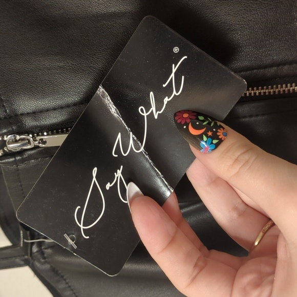 Say what? black faux leather sweetheart neckline rhinestone studded crop top - Picture 5 of 7